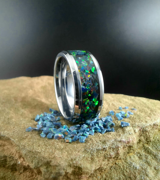 Mosaic Black Fire Opal Tungsten Ring