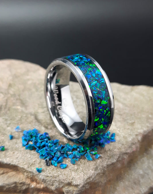 Mosaic Black Emerald Opal Tungsten Ring