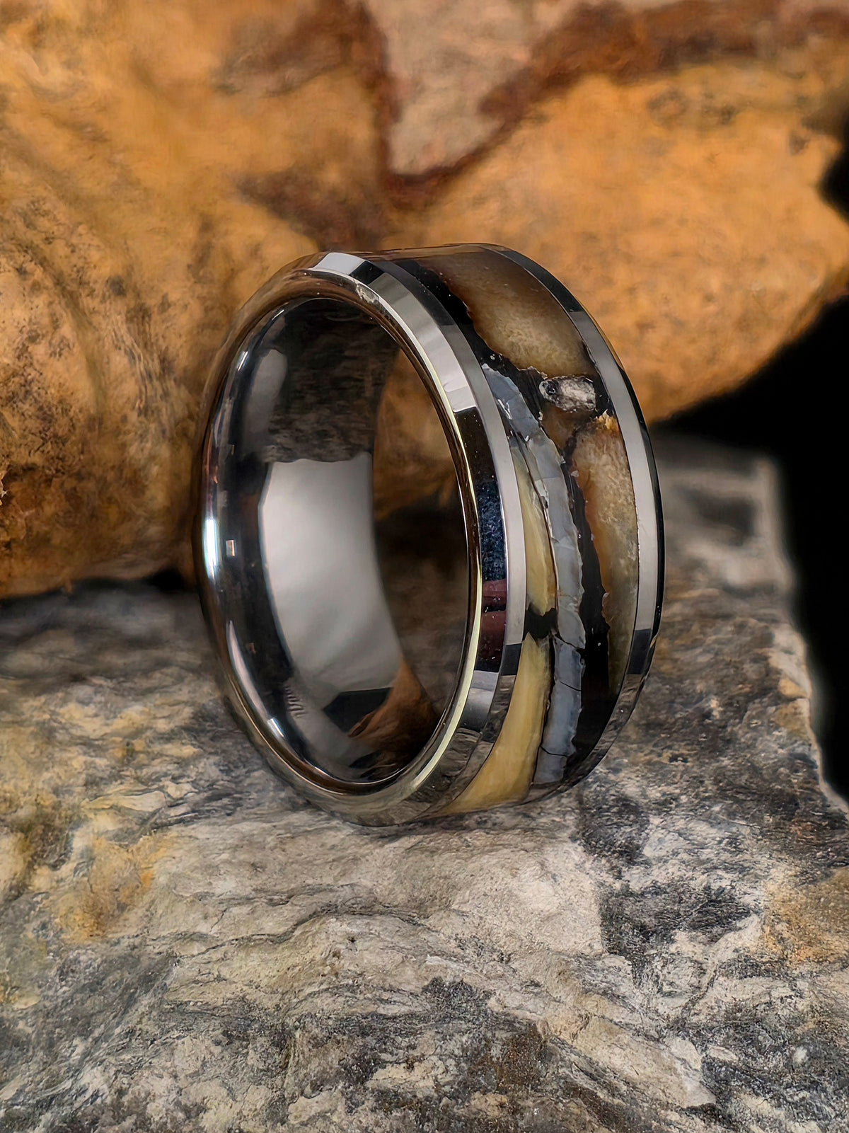 Tungsten Ring with Fossilized Mammoth Inlay