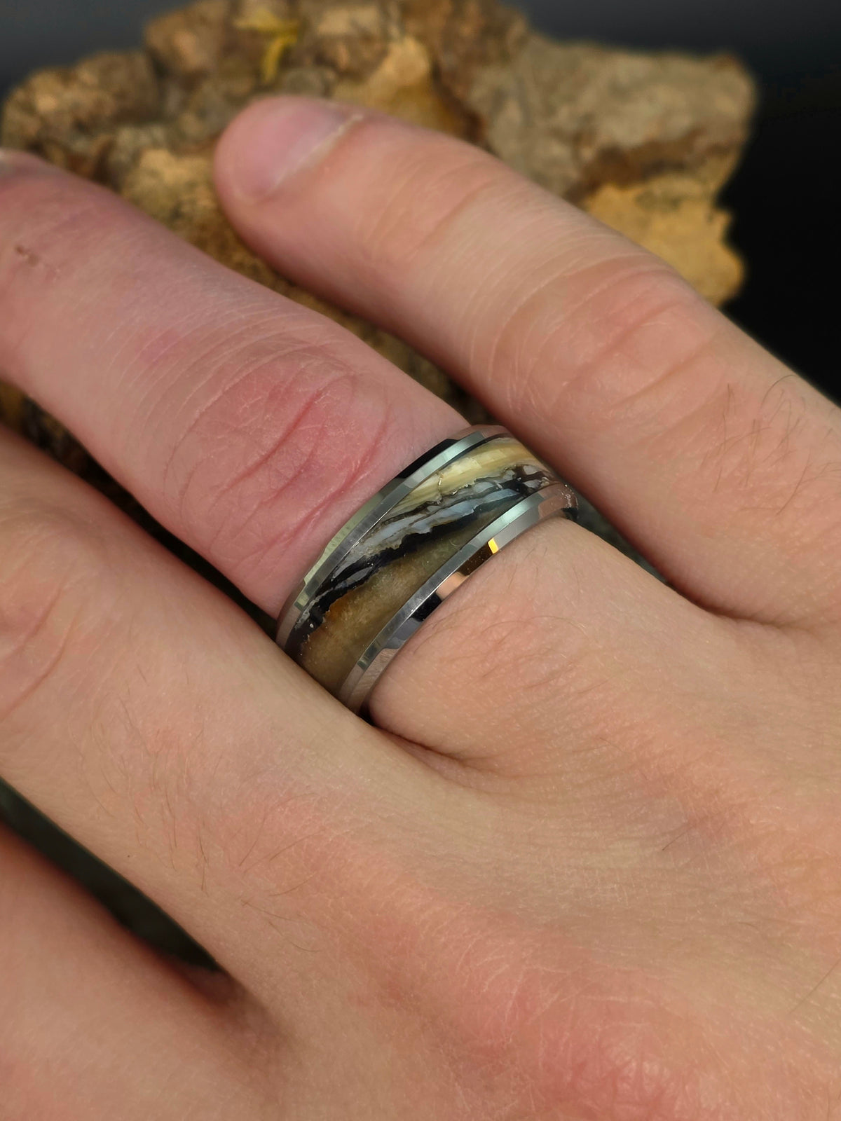 Tungsten Ring with Fossilized Mammoth Inlay
