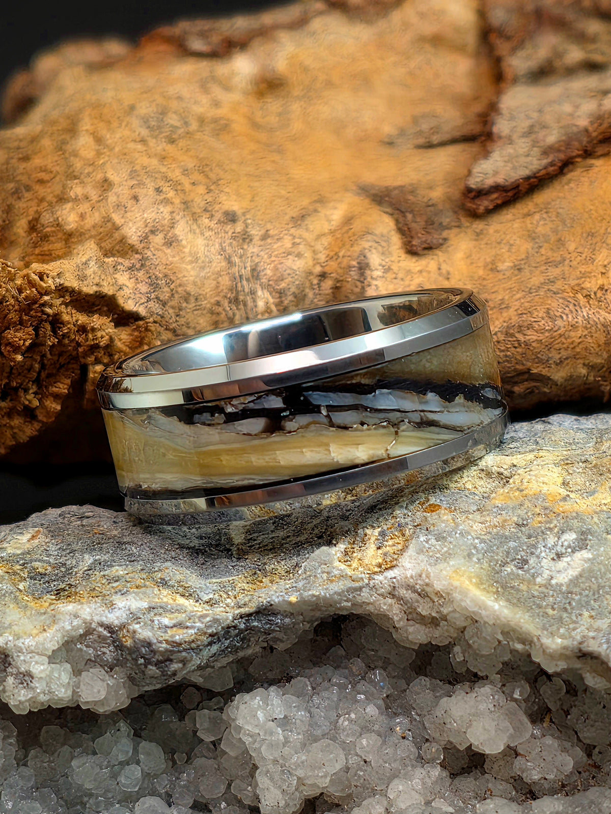 Tungsten Ring with Fossilized Mammoth Inlay