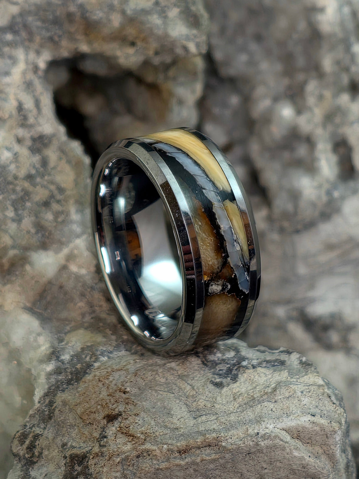 Tungsten Ring with Fossilized Mammoth Inlay