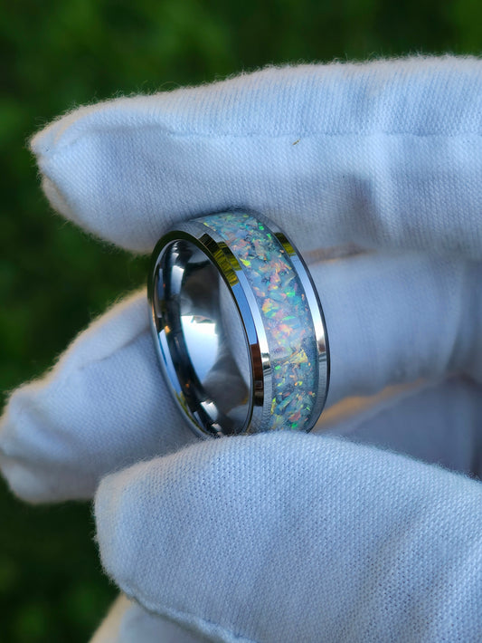 Mosaic Pearl White Opal Tungsten Ring